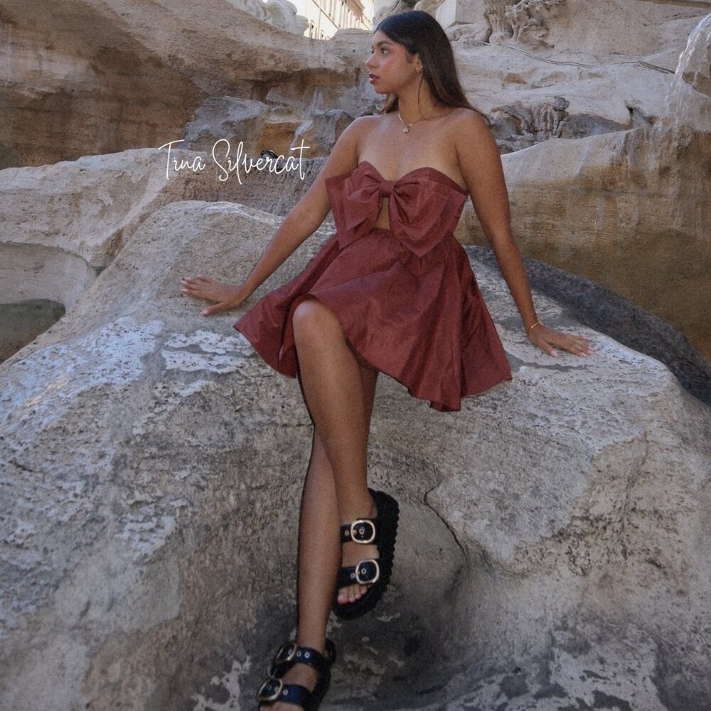 Zara Strapless Bow Mini Cocktail Dress Clay Brown S NWT - Picture 7 of 14